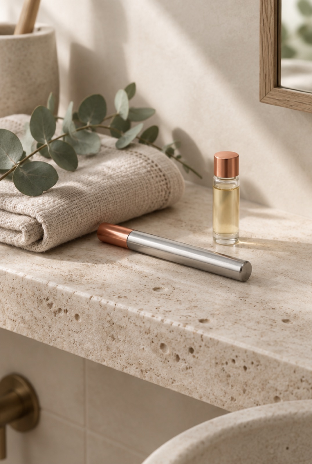 The pen and vial on a stone bathroom shelf beside a linen towel