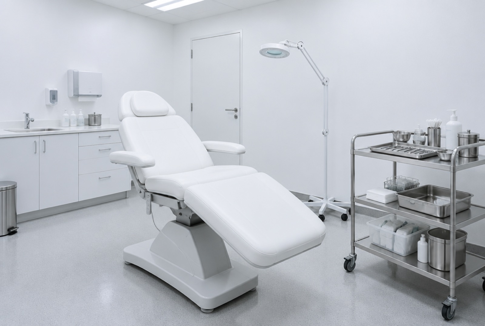 An empty clinic treatment room with a white chair under cold light
