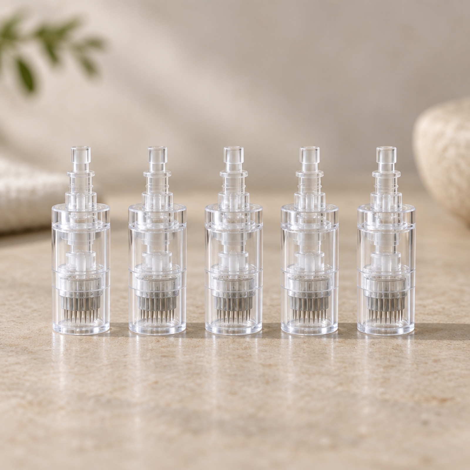 Five needle cartridges standing in a row