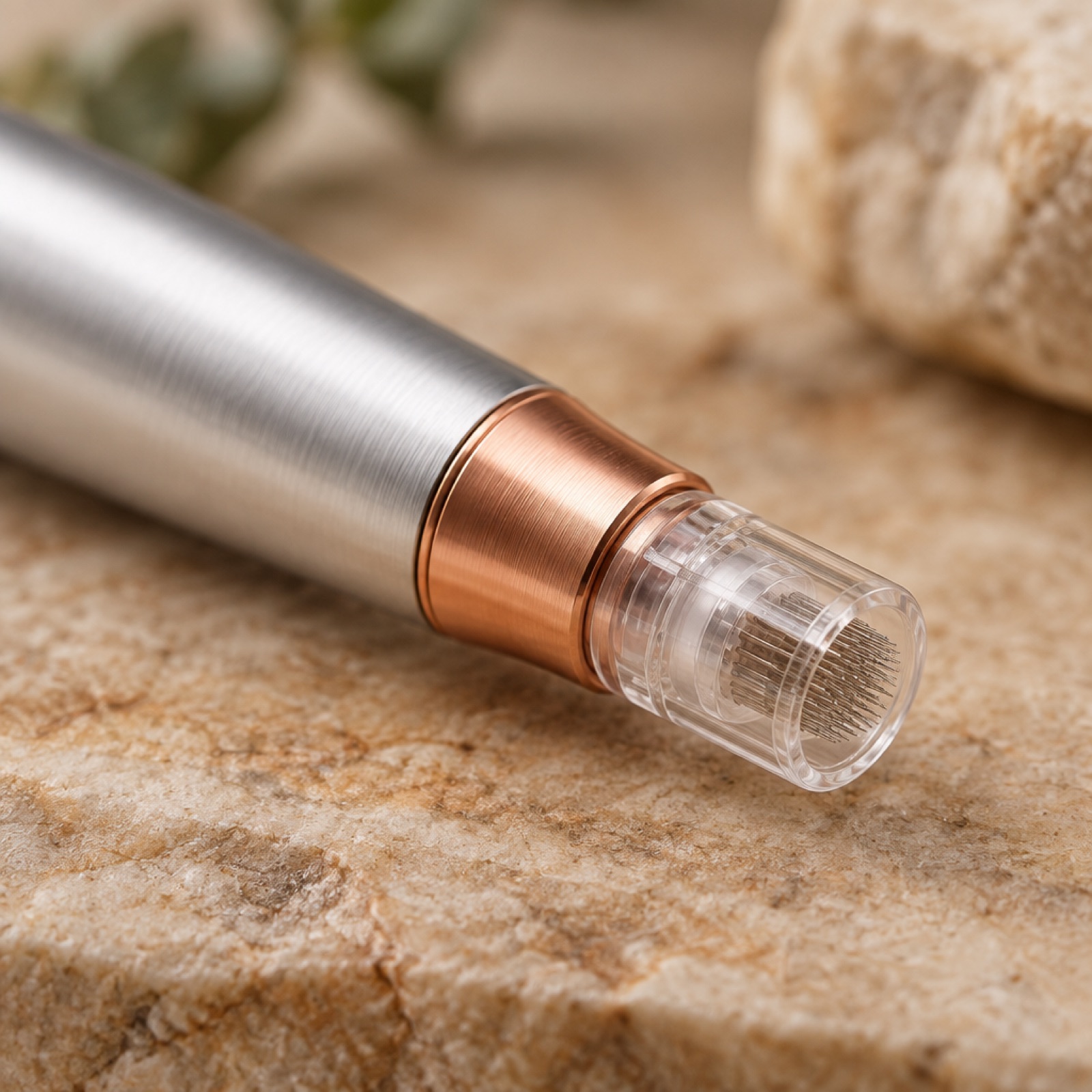 Close-up of the pen's copper collar and transparent cartridge