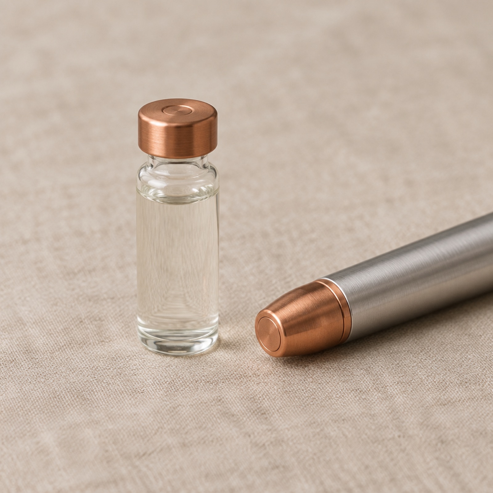 The small glass vial beside the pen's copper cap