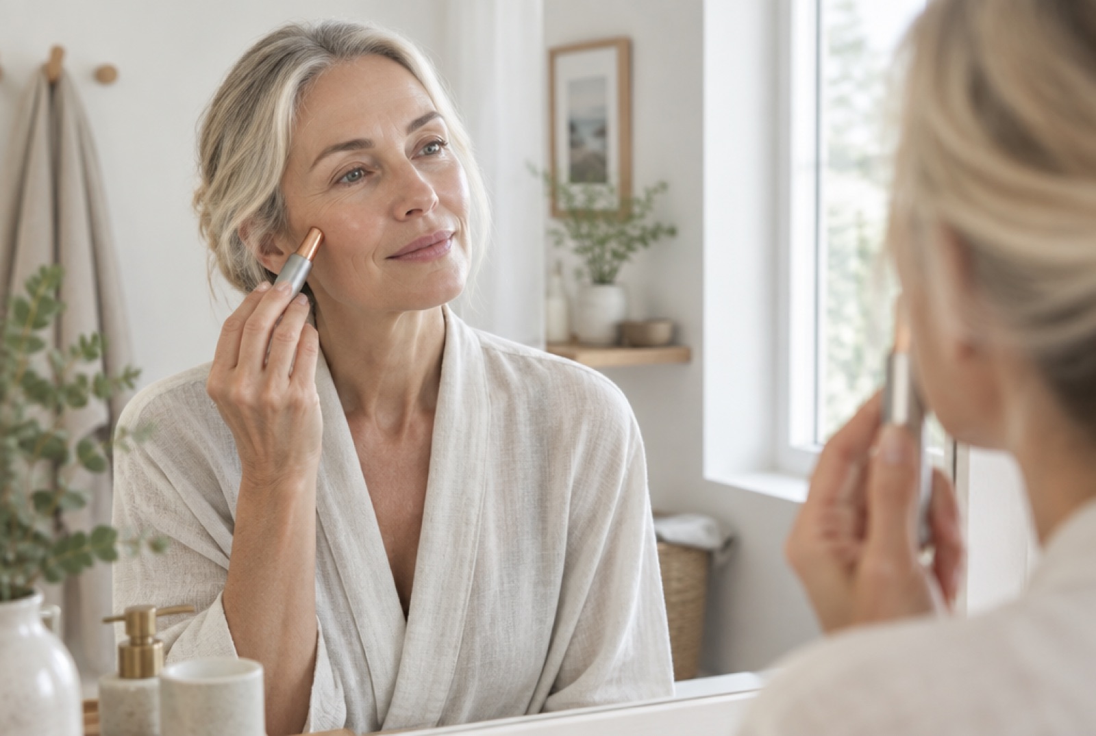 A woman at her bathroom mirror in morning light, holding the pen to her cheek