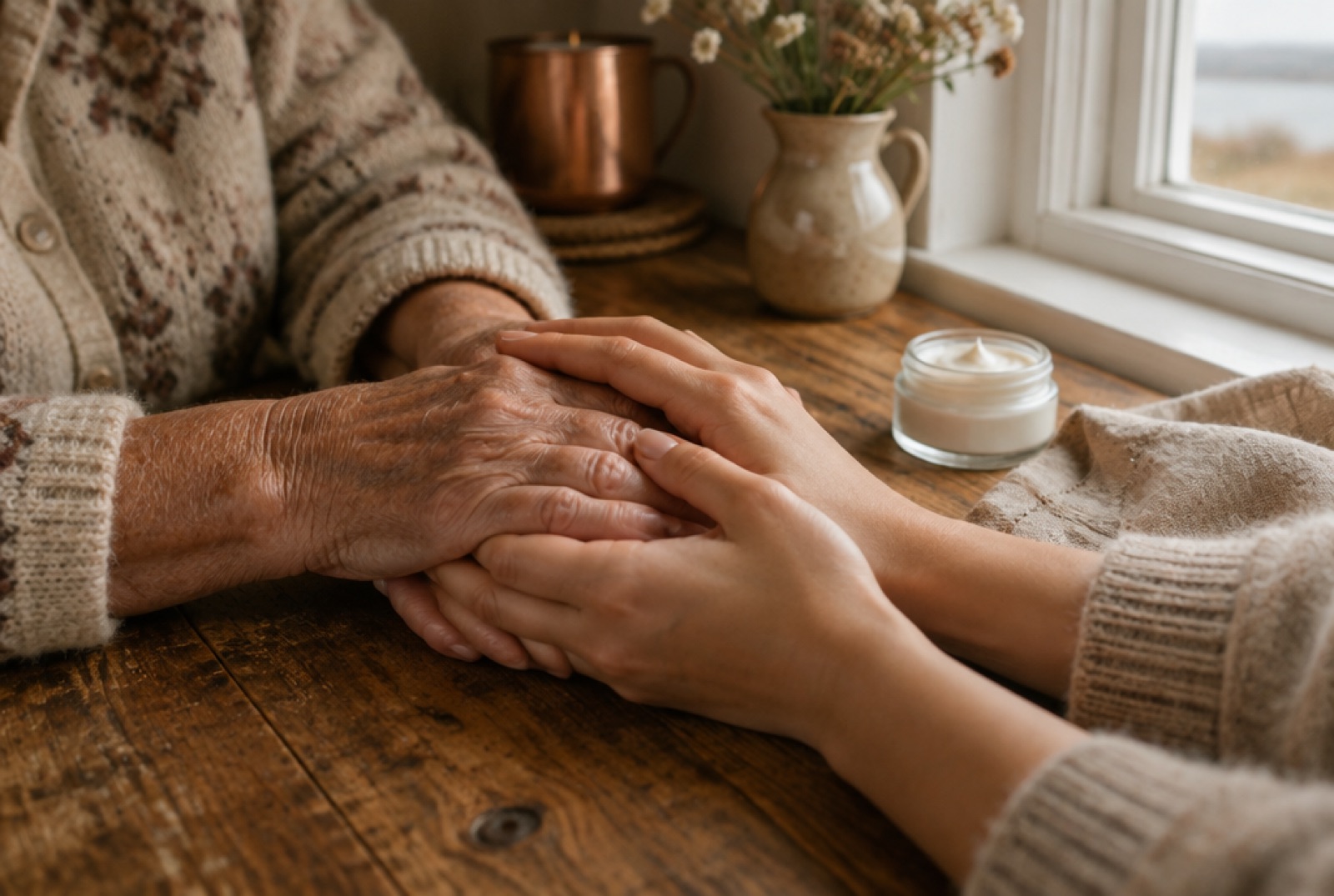 A grandmother's hands and a younger woman's hands resting together on a wooden table by a window